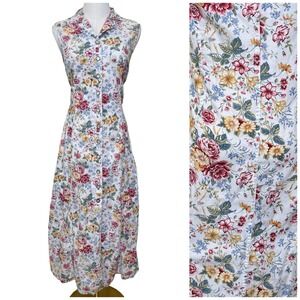 Vintage Lizwear Floral Maxi Dress Women 8 White Button Front Sleeveless Cottage